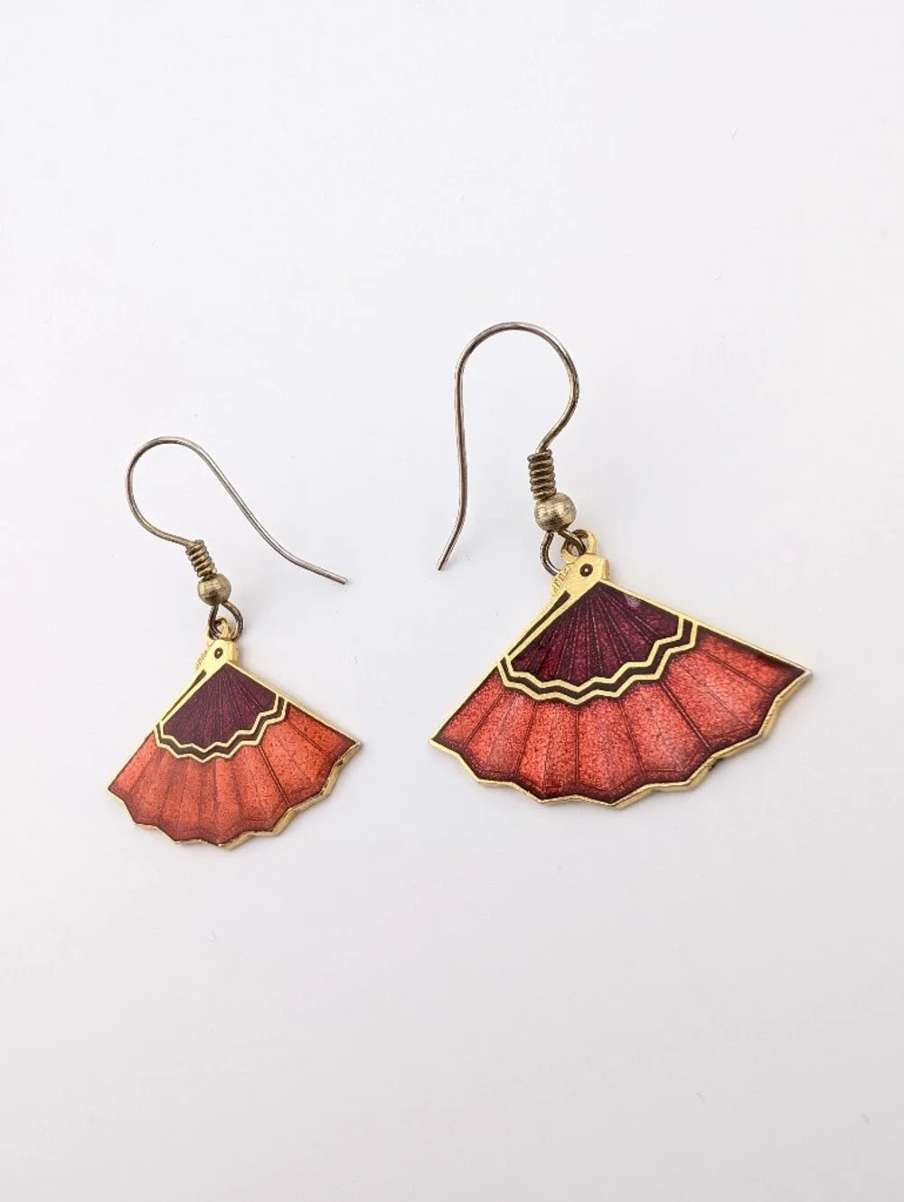 Vintage Cloisonne Fan Gold Earrings - Classic Estate Jewelry - Picture 2 of 6